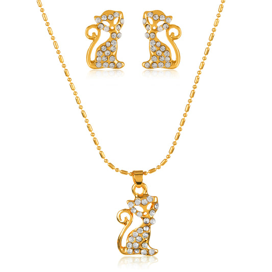 ELYA Women's Gold Tone Crystal Cat Pendant Necklace and Stud Earrings Jewelry Set