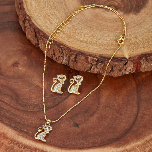 ELYA Women's Gold Tone Crystal Cat Pendant Necklace and Stud Earrings Jewelry Set