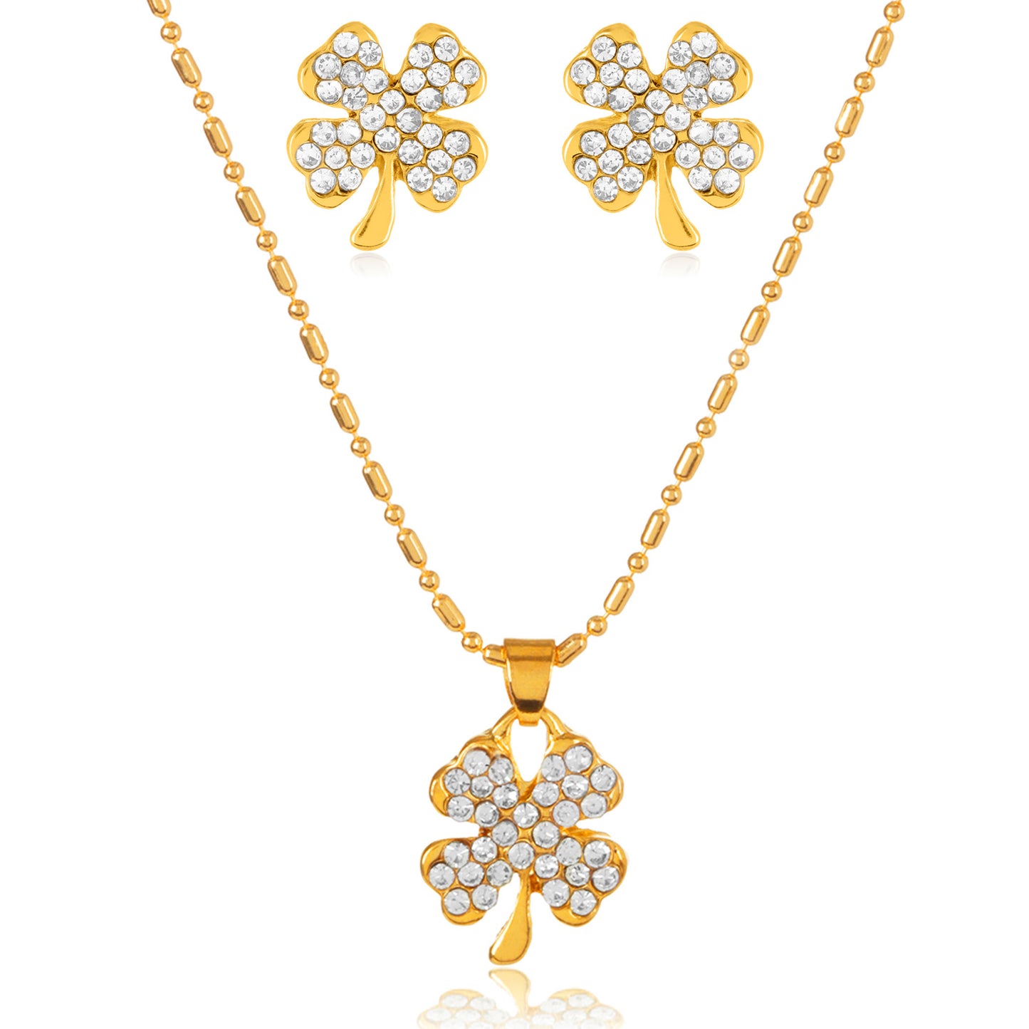 ELYA Women's Gold Tone Crystal Clover Necklace and Earrings Jewelry Set
