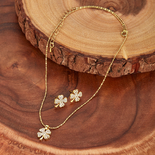 ELYA Women's Gold Tone Crystal Clover Necklace and Earrings Jewelry Set