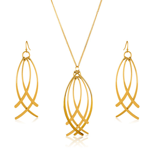 ELYA Women's Gold Tone Curved Wire Dangle Necklace and Earrings Jewelry Set