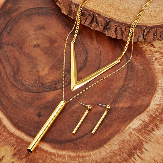 ELYA Women's Gold Tone Cylinder Bar Charm Necklace and Earrings Jewelry Set