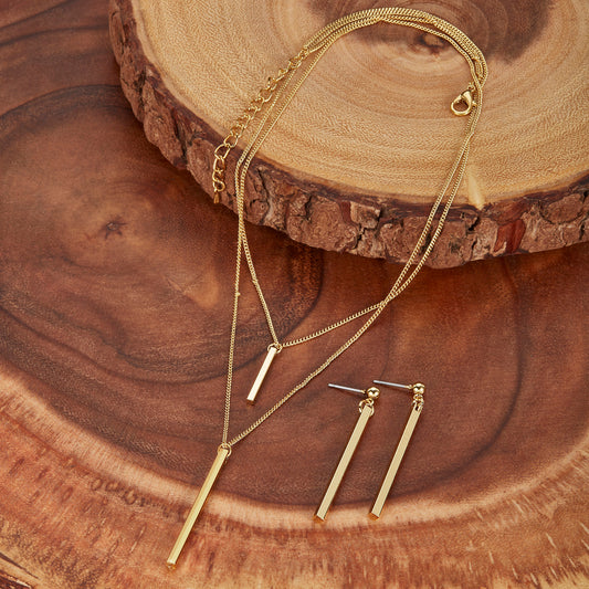 ELYA Women's Gold Tone Double Layer Bar Necklace and Earrings Jewelry Set