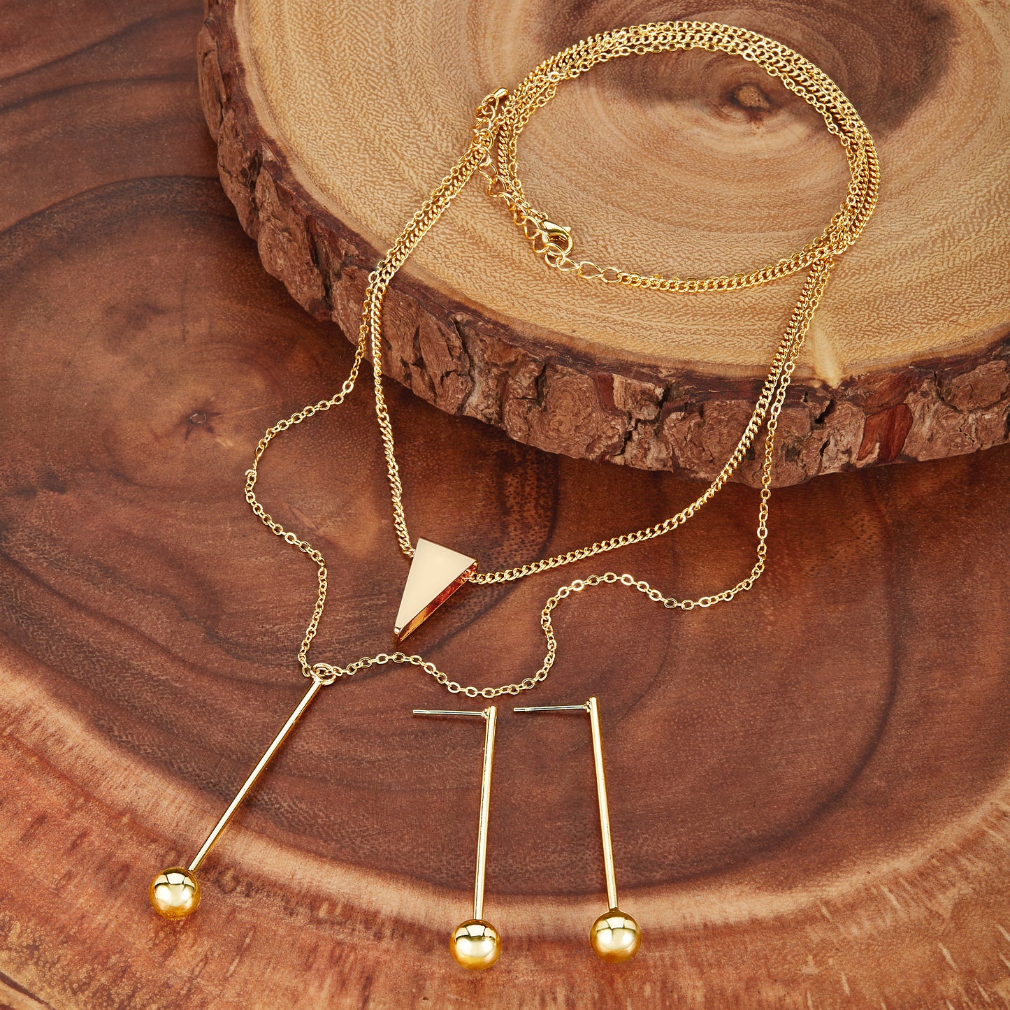 ELYA Women's Gold Tone Bar Ball Drop Charm Necklace and Earrings Jewelry Set