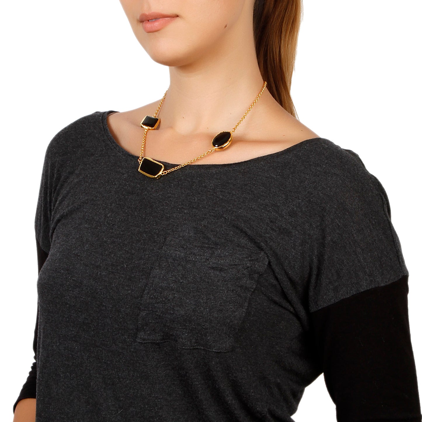 ELYA Gold Tone Black Onyx Cable Chain Necklace (18 mm) - 18"