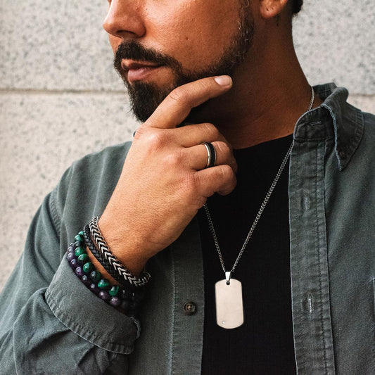 Crucible Jewelry Men's Tungsten Carbide High Polished Diamond Dog Tag Pendant Necklace