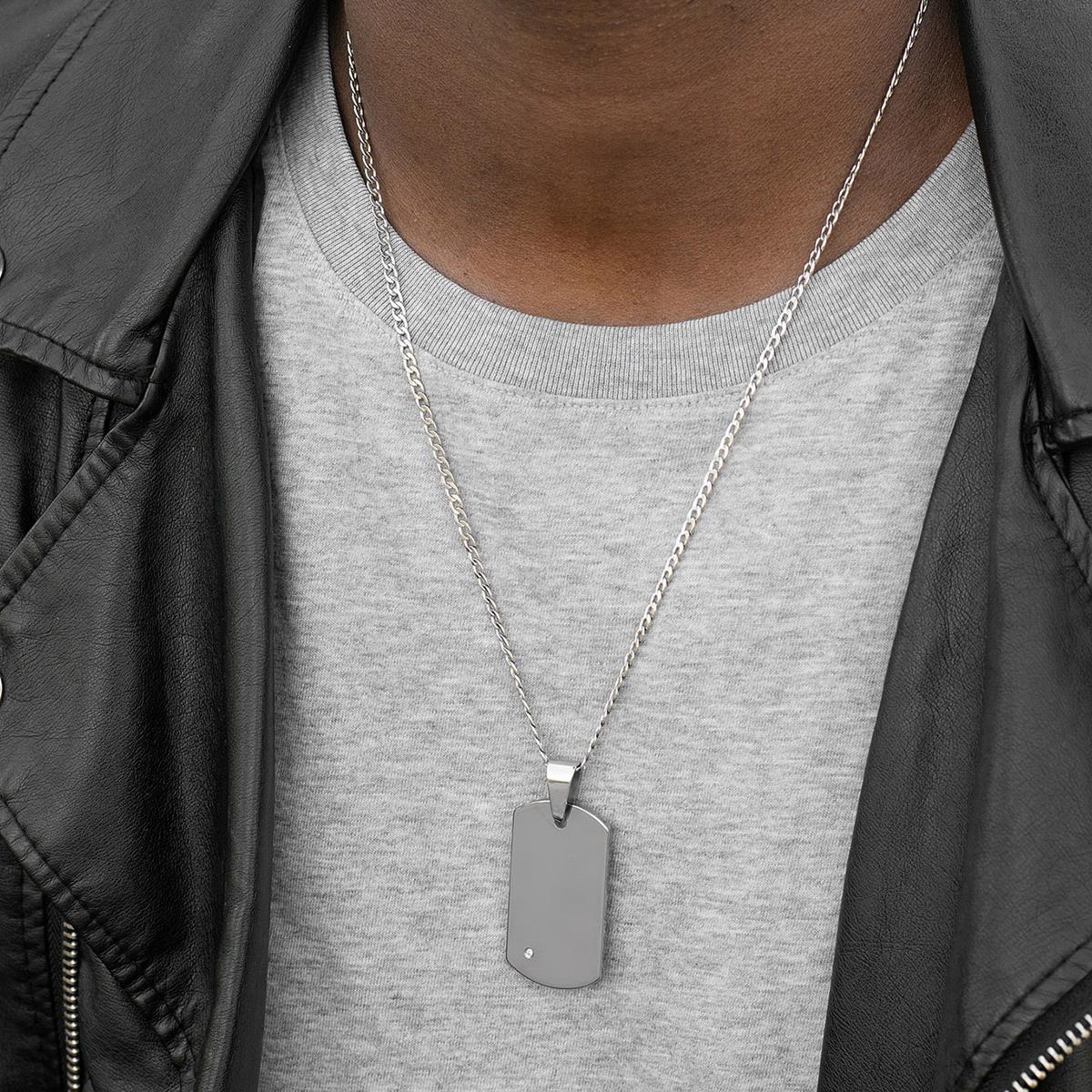 Crucible Men's Polished Diamond Dog Tag Tungsten Carbide Necklace