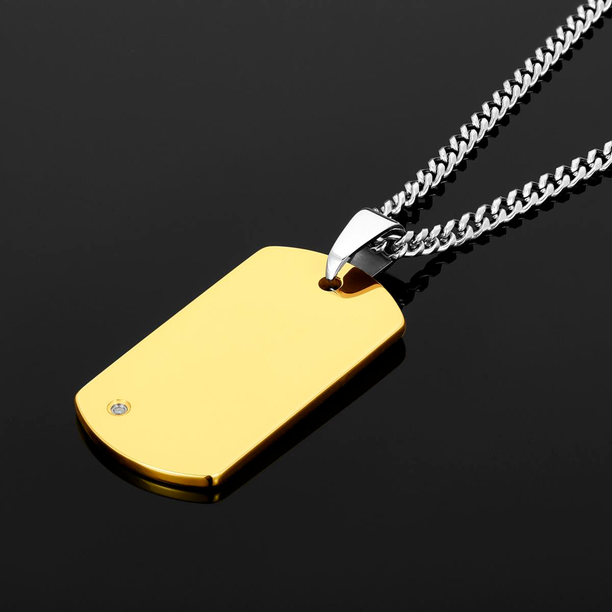 Crucible Jewelry Men's Tungsten Carbide High Polished Diamond Dog Tag Pendant Necklace