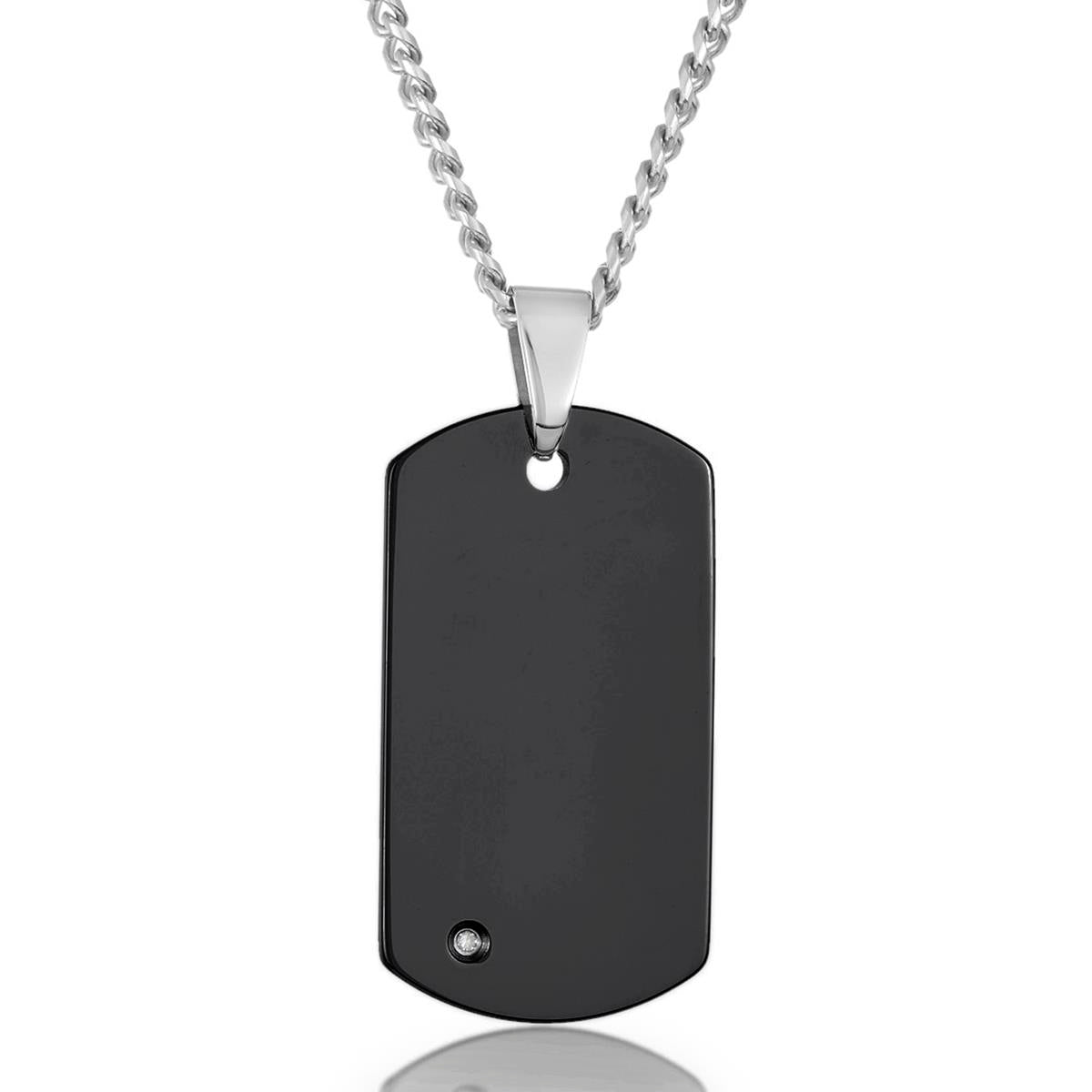 Crucible Jewelry Men's Tungsten Carbide High Polished Diamond Dog Tag Pendant Necklace