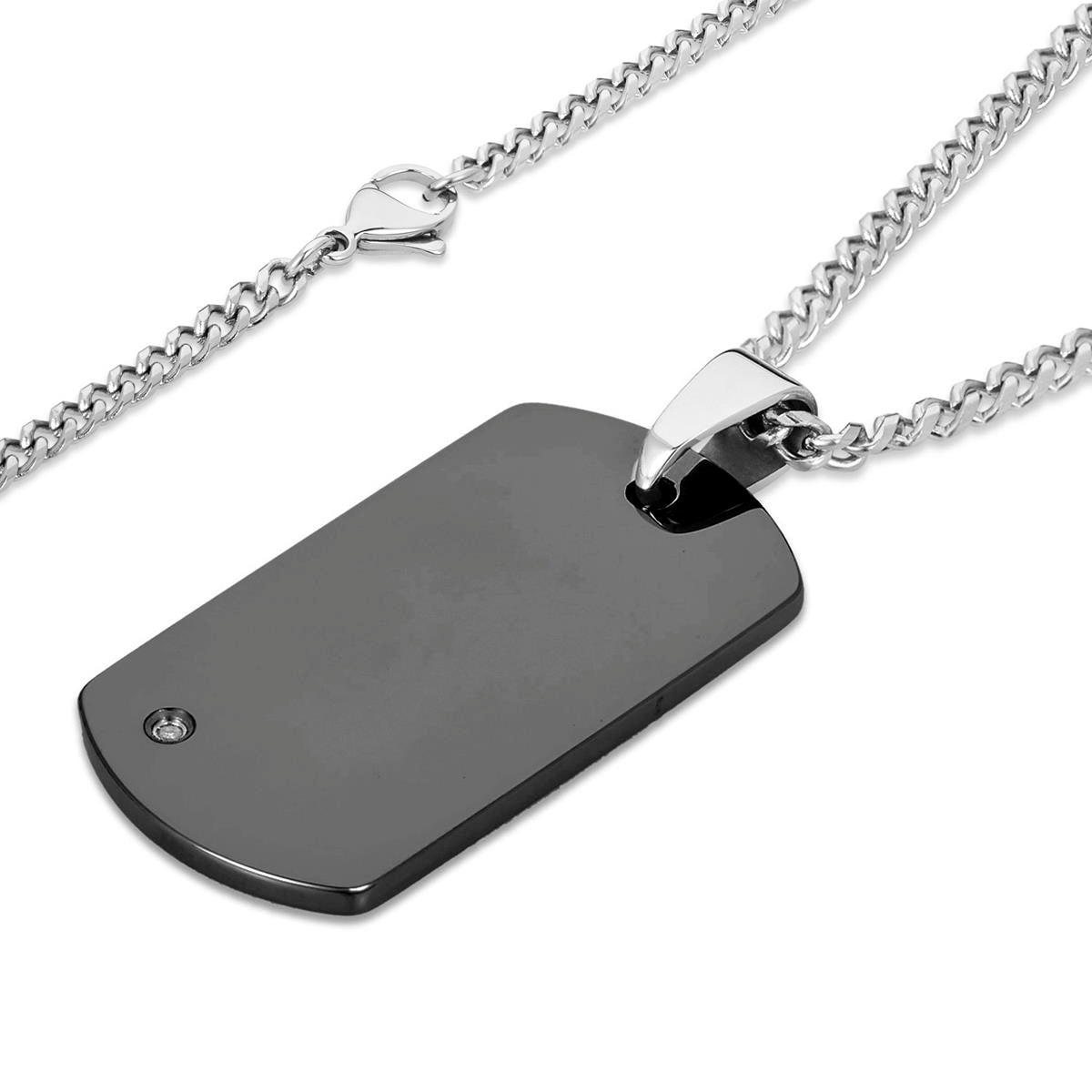 Crucible Jewelry Men's Tungsten Carbide High Polished Diamond Dog Tag Pendant Necklace