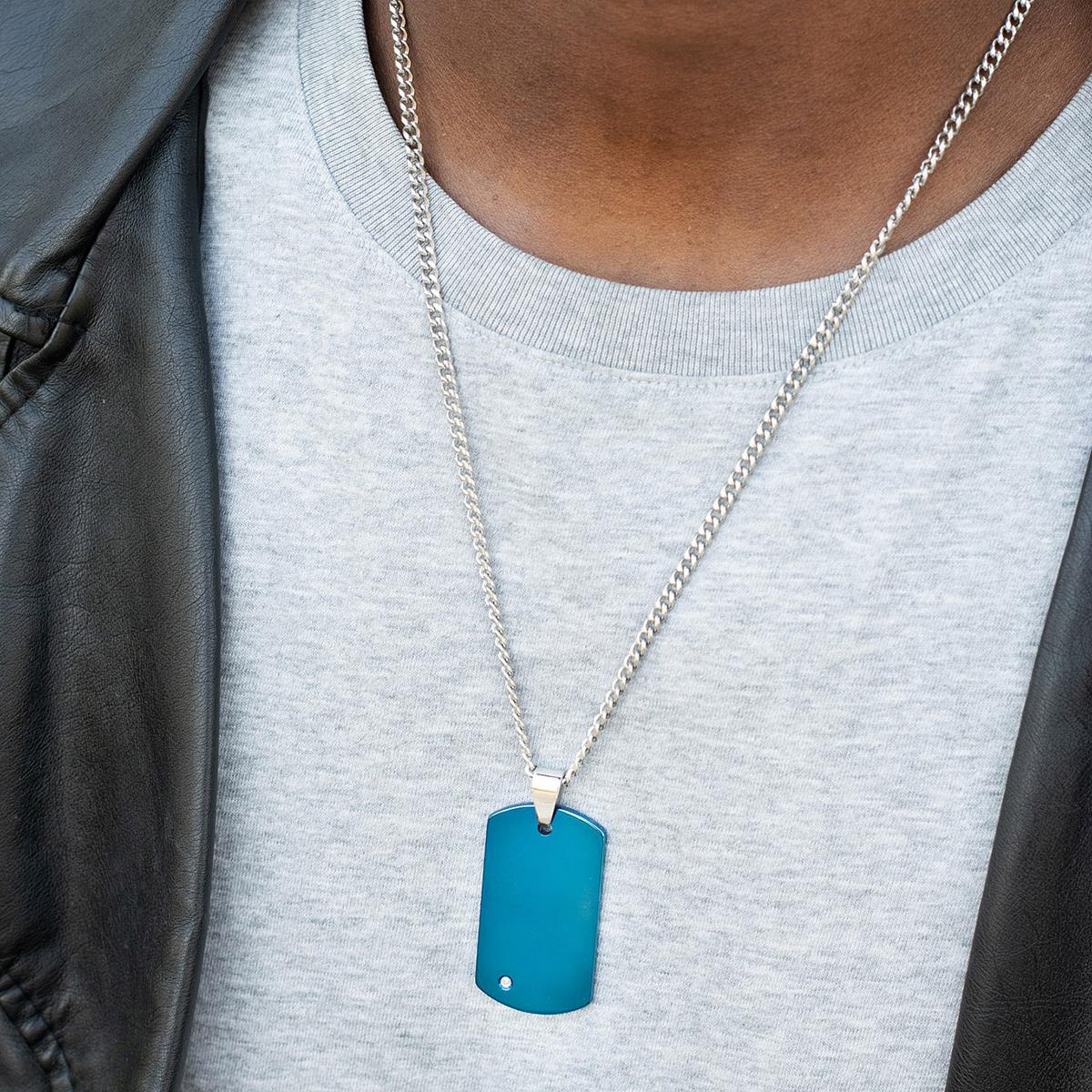 Crucible Jewelry Men's Tungsten Carbide High Polished Diamond Dog Tag Pendant Necklace