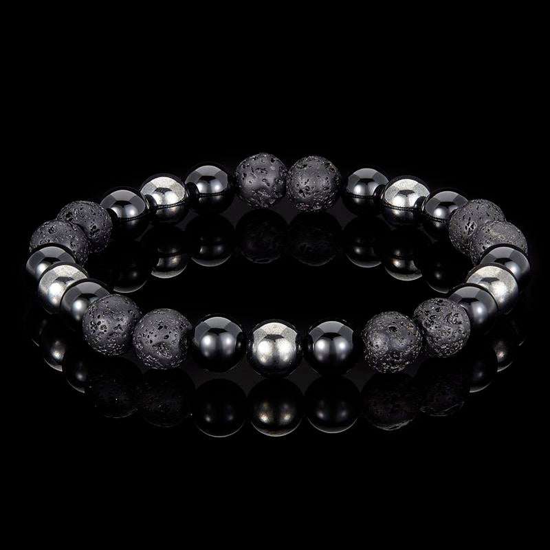 8mm Bead Stretch Bracelet Featuring Lava, Shiny Black Onyx and Magnetic Hematite