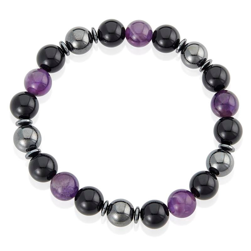 10mm Bead Stretch Bracelet Featuring Amethyst, Shiny Black Onyx and Magnetic Hematite