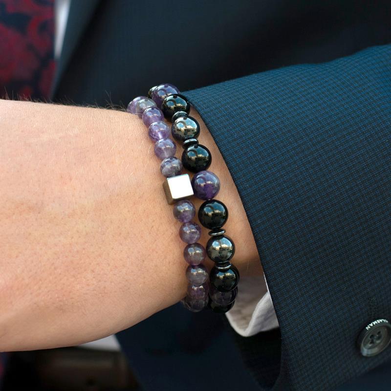 10mm Bead Stretch Bracelet Featuring Amethyst, Shiny Black Onyx and Magnetic Hematite