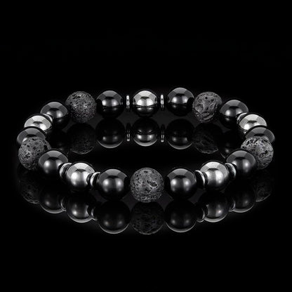 10mm Bead Stretch Bracelet Featuring Lava, Shiny Black Onyx and Magnetic Hematite