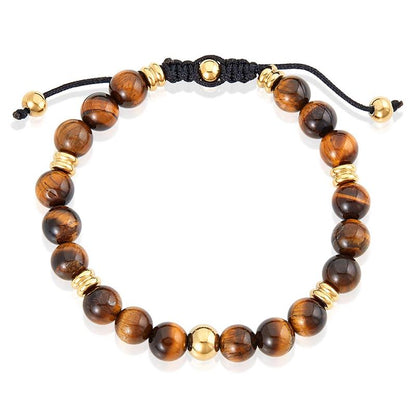 8mm Tiger Eye and Gold IP Stainless Steel Beads on Adjustable Cord Tie Bracelet