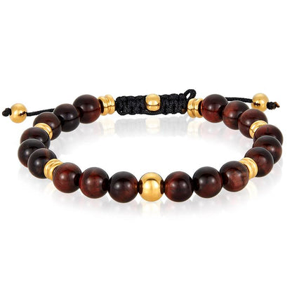 8mm Red Tiger Eye and Gold IP Stainless Steel Beads on Adjustable Cord Tie Bracelet