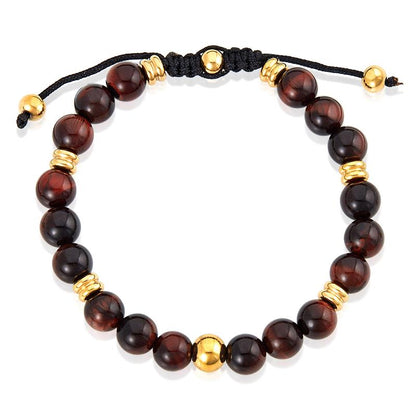8mm Red Tiger Eye and Gold IP Stainless Steel Beads on Adjustable Cord Tie Bracelet