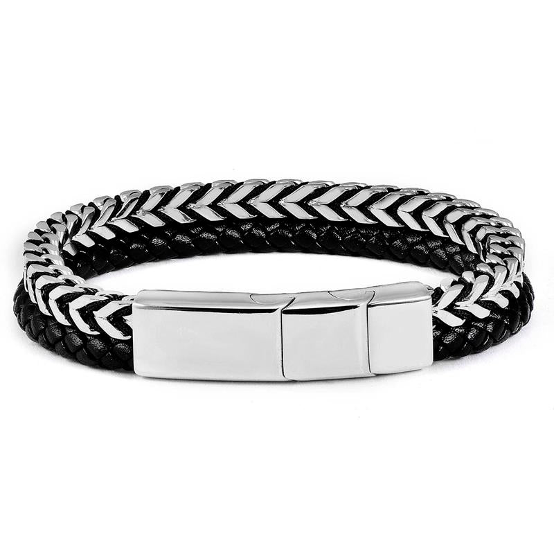 Polished Stainless Steel Black Leather and Franco Chain Bracelet with Black Nylon Cord