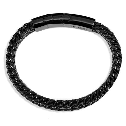 Polished Stainless Steel Black Leather and Franco Chain Bracelet with Black Nylon Cord