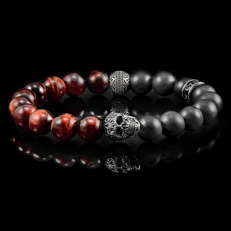 Single Skull Stretch Bracelet with 10mm Matte Black Onyx and Red Tiger Eye Beads