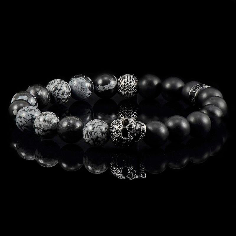 Single Skull Stretch Bracelet with 10mm Matte Black Onyx and Snowflake Agate Beads
