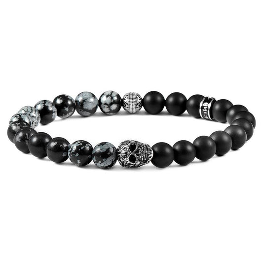 Single Skull Stretch Bracelet with 8mm Matte Black Onyx and Snowflake Agate Beads
