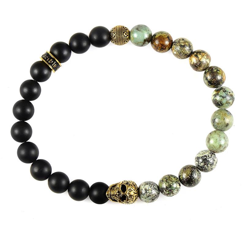 Single Gold Skull Stretch Bracelet with 8mm Matte Black Onyx and African Turquoise Onyx Beads