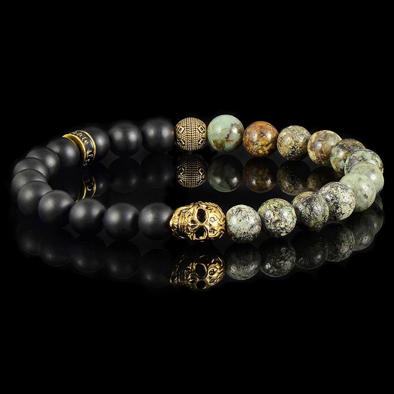 Single Gold Skull Stretch Bracelet with 8mm Matte Black Onyx and African Turquoise Onyx Beads