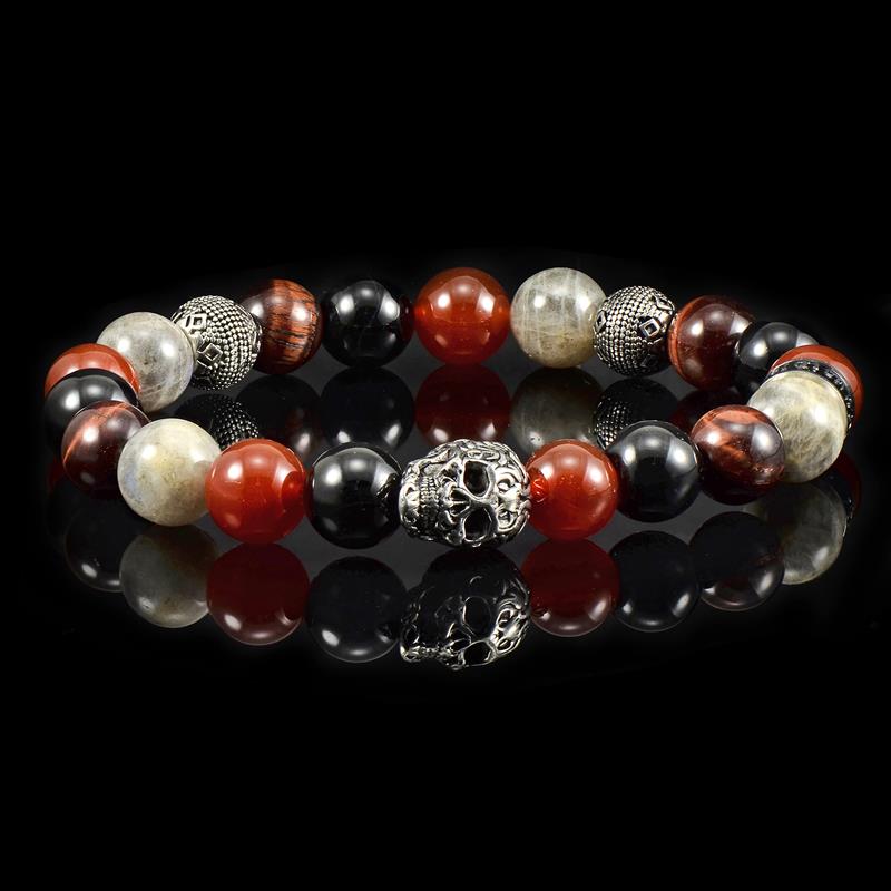 Single Skull Stretch Bracelet with 10mm Polished Black Onyx, Labradorite Red Tiger Eye and Red Agate Beads
