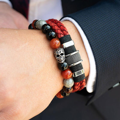 Single Skull Stretch Bracelet with 10mm Polished Black Onyx, Labradorite Red Tiger Eye and Red Agate Beads