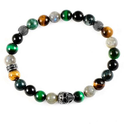 Single Skull Stretch Bracelet with 8mm Polished Black Onyx, Labradorite, Green Tiger Eye, Moss Agate and Tiger Eye Beads