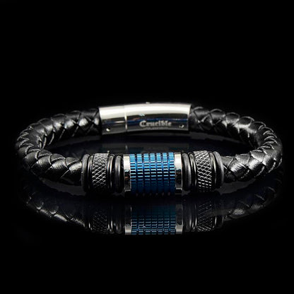 Black Leather 8mm with Black and Blue IP Stainless Steel Beads