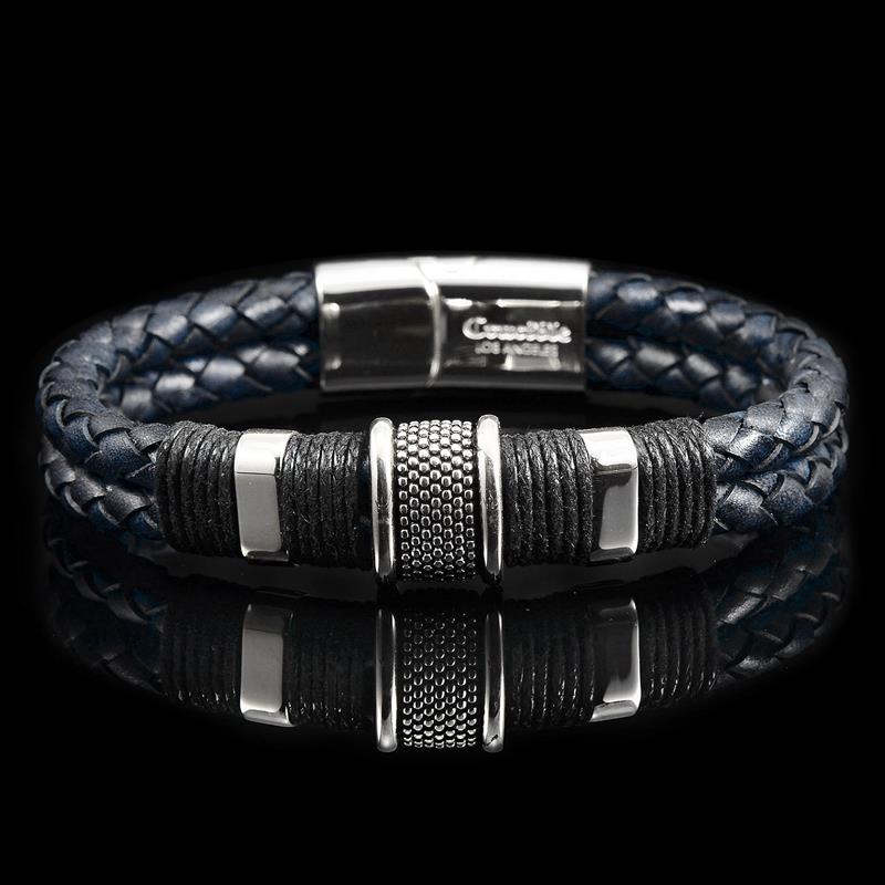 Dark Blue Leather with Black Nylon Cord and Stainless Steel Beads