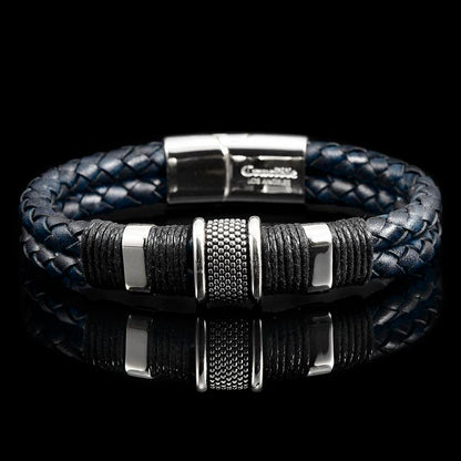 Dark Blue Leather with Black Nylon Cord and Stainless Steel Beads