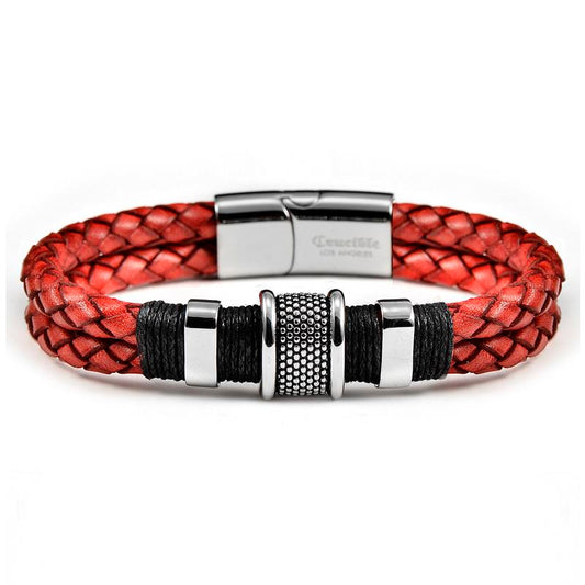 Distressed Red Leather with Black Nylon Cord and Stainless Steel Beads