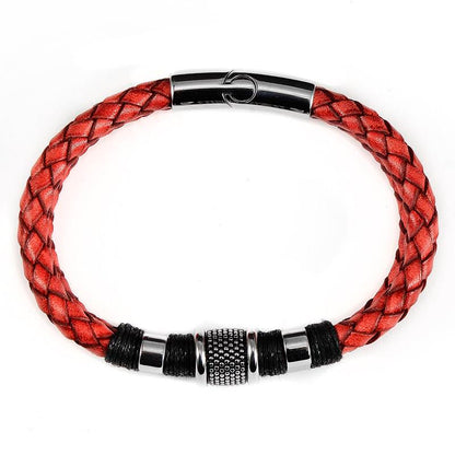 Distressed Red Leather with Black Nylon Cord and Stainless Steel Beads