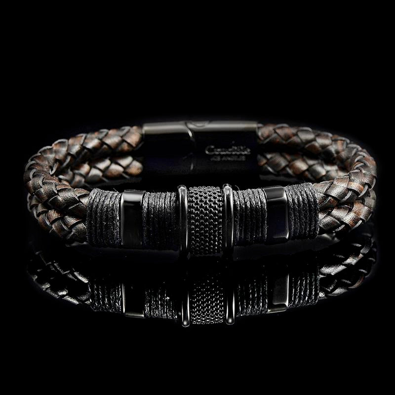 Dark Brown Leather with Black Nylon Cord and Black IP Stainless Steel Beads