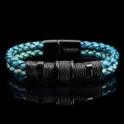 Distressed Blue Leather with Black Nylon Cord and Black IP Stainless Steel Beads