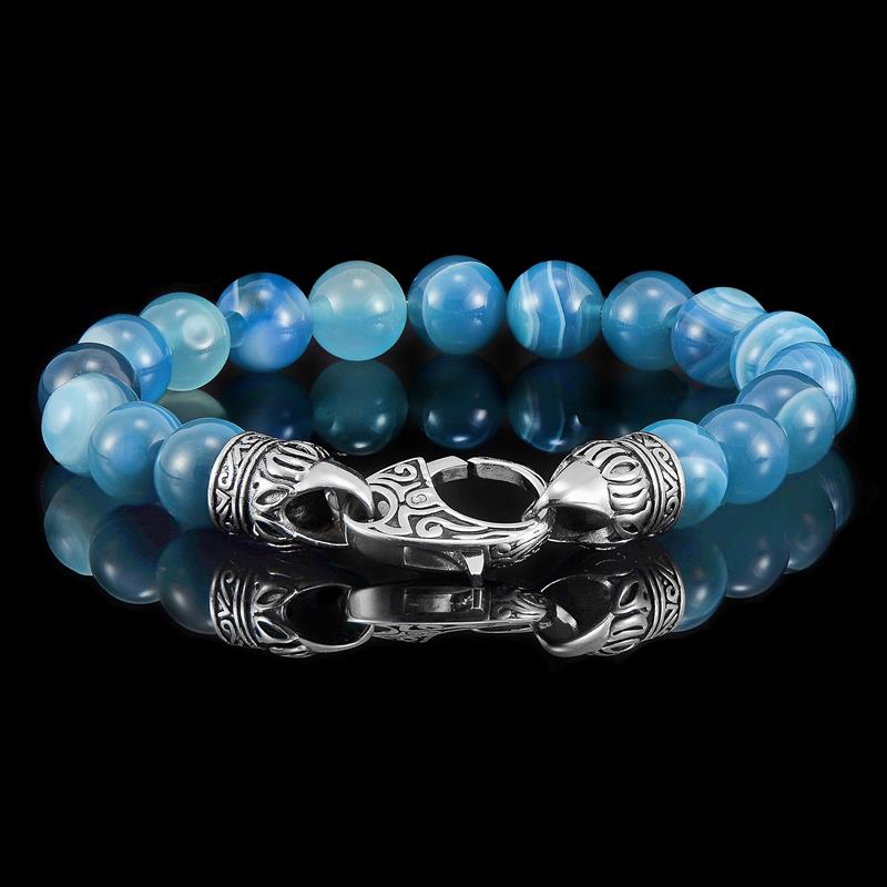 10mm Blue Banded Agate Bead Bracelet with Stainless Steel Antiqued Lobster Clasp