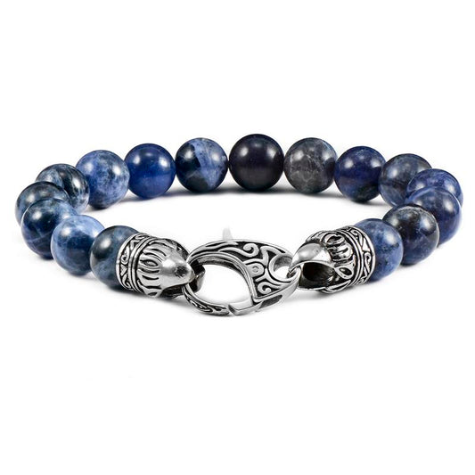 10mm Sodalite Bead Bracelet with Stainless Steel Antiqued Lobster Clasp