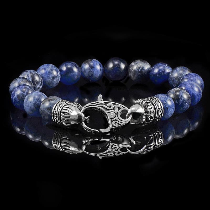 10mm Sodalite Bead Bracelet with Stainless Steel Antiqued Lobster Clasp