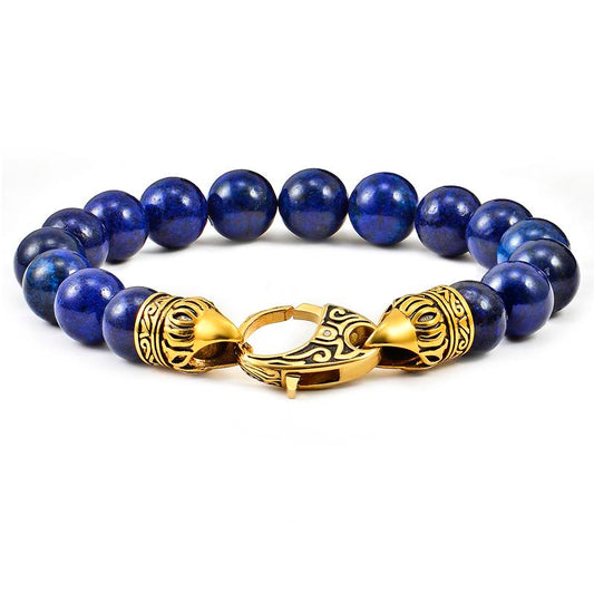 10mm Lapis Lazuli Bead Bracelet with Gold IP Stainless Steel Antiqued Lobster Clasp