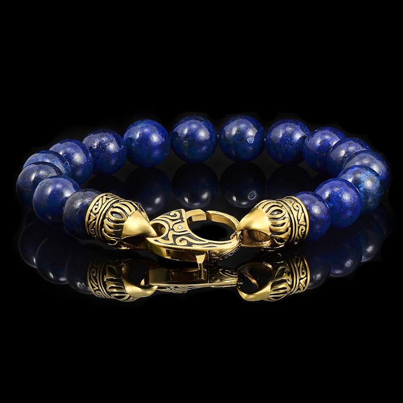 10mm Lapis Lazuli Bead Bracelet with Gold IP Stainless Steel Antiqued Lobster Clasp