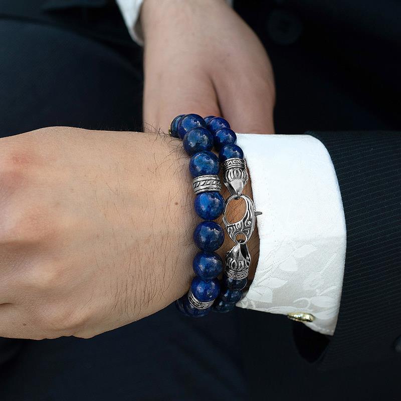 12mm Lapis Lazuli Bead Stretch Bracelet with Stainless Steel Tribal Accent Beads