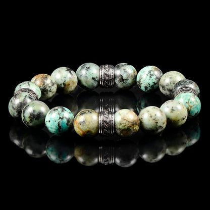 12mm African Turquoise Bead Stretch Bracelet with Stainless Steel Tribal Accent Beads