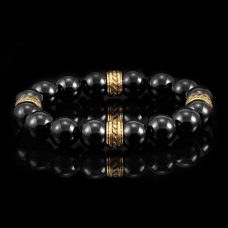12mm Polished Black Onyx Bead Stretch Bracelet with Gold IP Stainless Steel Tribal Accent Beads