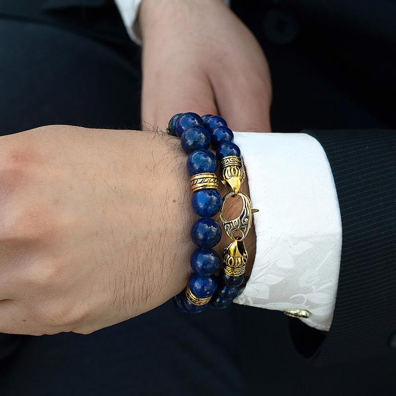 12mm Lapis Lazuli Bead Stretch Bracelet with Gold IP Stainless Steel Tribal Accent Beads