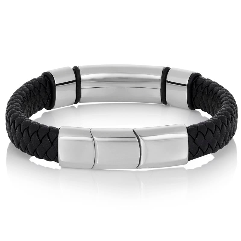 Black Leather and Stainless Steel Engravable Bracelet