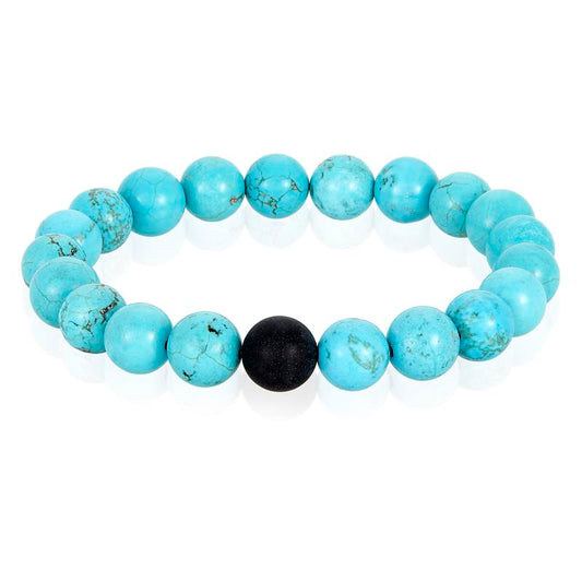 Polished Turquoise and Black Matte Onyx 10mm Natural Stone Bead Stretch Bracelet